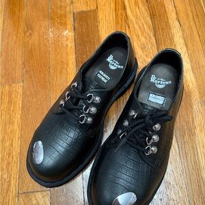 Dr. Martens Black Croc-Embossed Lace-Up Oxfords with Silver Toe Caps